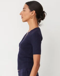 MONROW Softknit Rib Waffle Henley DARKNAVY Cheap